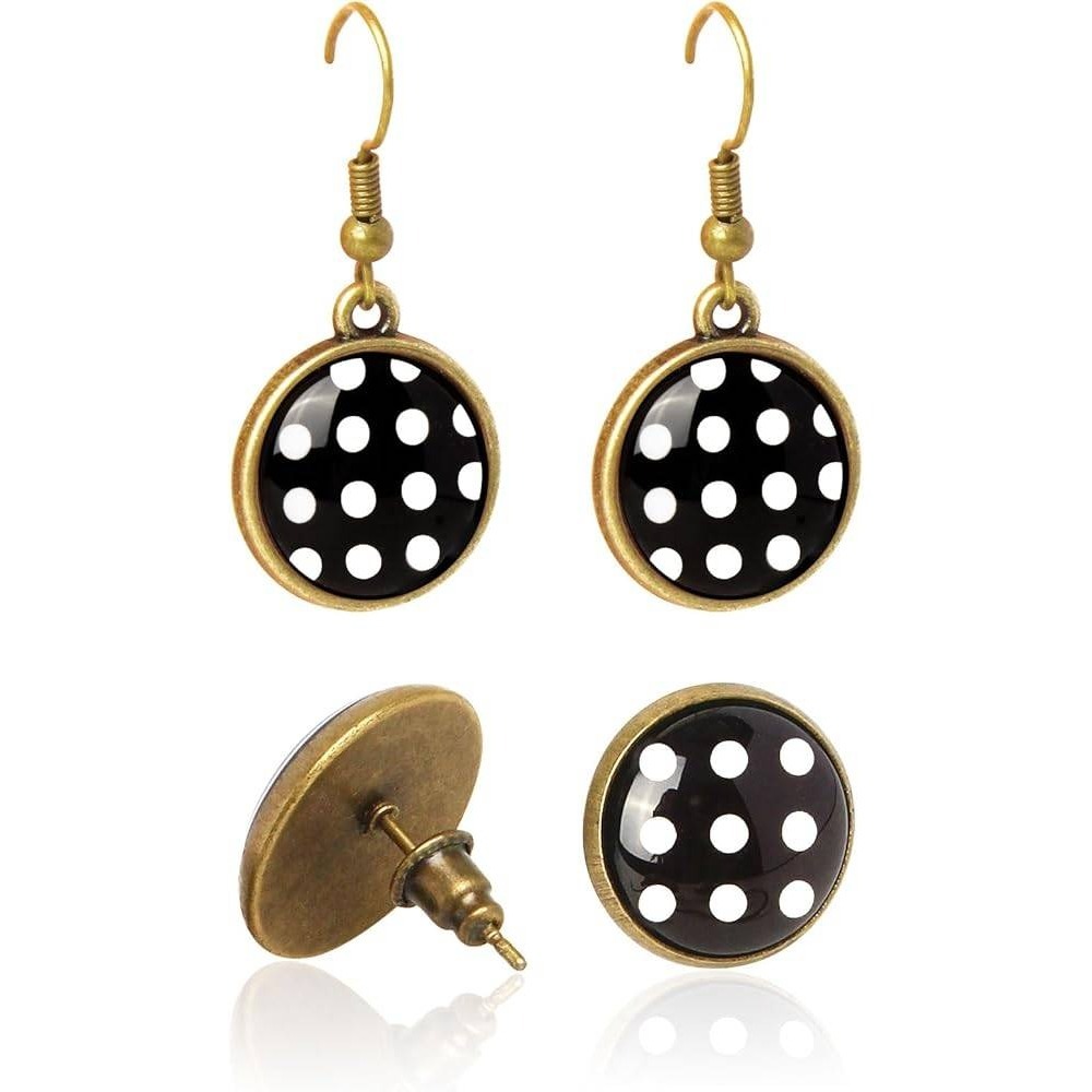Jewelry Earring Set Women OS Black White Polka Dot Retro Bronze Tone